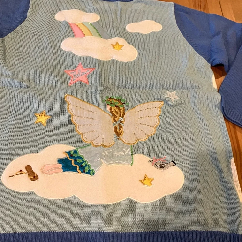 NWT Quacker Factory Angel Cardigan Blue Embroidered Angel Cardigan Size Large - Picture 14 of 14